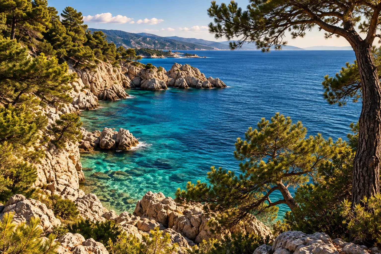 Illustrative rocky coast, turquoise sea and pines